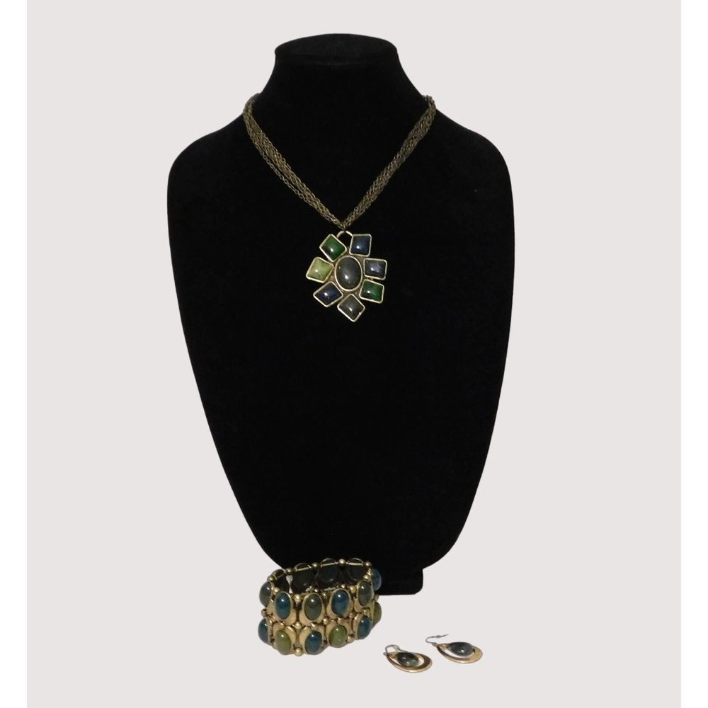 Set Necklace 16-19" Marble Pierced Fishhook Earrings Bracelet Bronze Green Blue - Picture 2 of 13